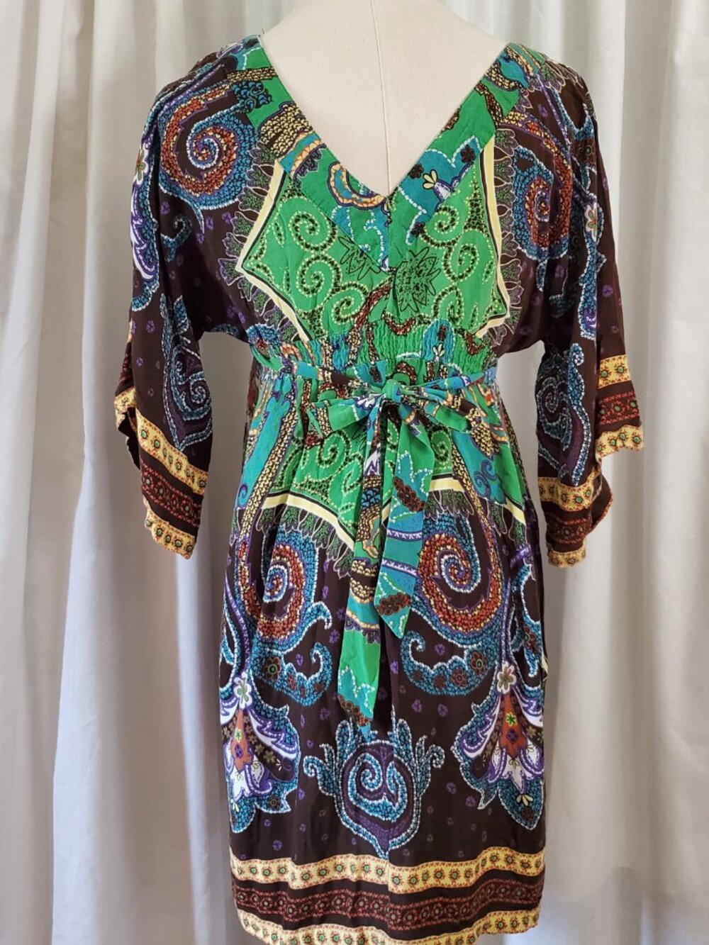 Hot & Delicious Paisley Dress Womens Brown Green Smocked Boho Mini M / L